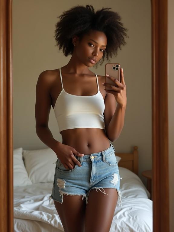 Photorealistic mirror selfie of a woman in bedroom. Dark-skinned with natural curly hair. Wearing white crop top and ripped shorts. Casual pose holding iPhone. Relaxed expression with natural makeup. Warm light and neutral decor.