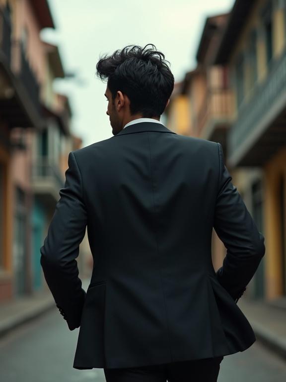 Photorealistic image of a man running down a Brazilian street. He is viewed from behind, dressed in a dark suit. The setting creates an adventurous and mysterious mood.