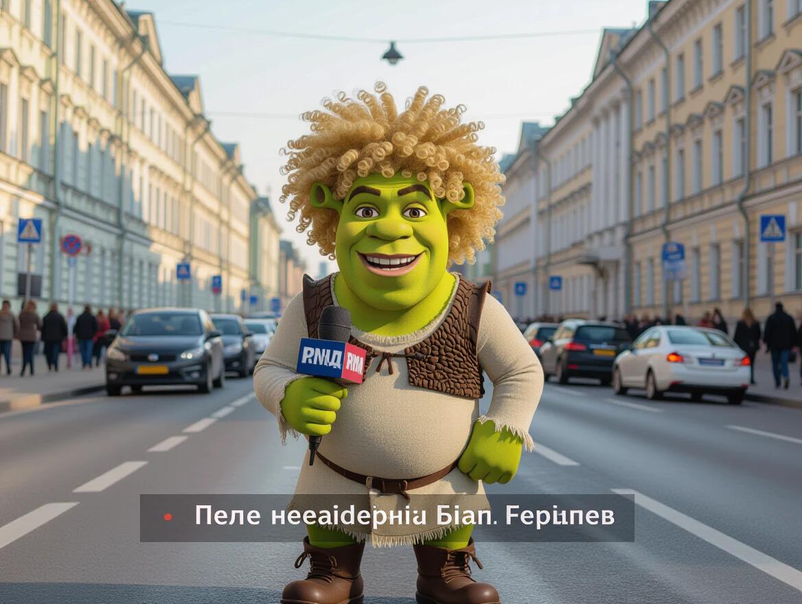 Shrek character with curly wavy blonde afro hair reporting news in St. Petersburg street. Dirty potholes on the road with litter. Text on microphone reads 'ПNВДА'.