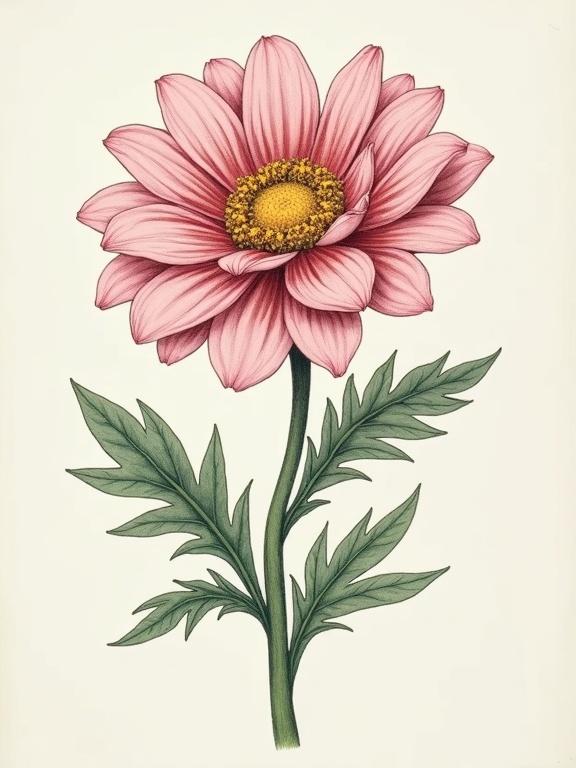 A detailed illustration of Arnold's bouquet featuring a single large flower with pink petals and a yellow center. The flower has intricate leaves and stems. The background is a subtle off-white to highlight the flower.