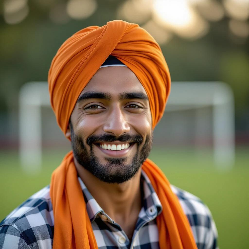 Indian man with a clean shave wearing an orange turban. Young man with black hair. Sharp jawline. Outdoors in a football setting.