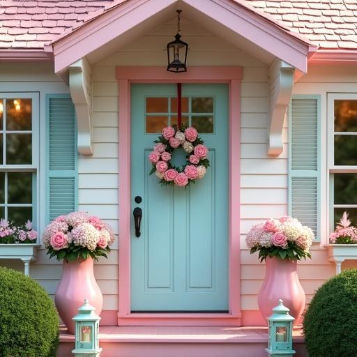 Bright sunny day no dark shadows Full view of a light pink and white cottage with a front porch Pink roof Light aqua door with a light pink rose and white hydrangea wreath Light pink roses and white hydrangeas in each light pink flower pots that are big Big two foot tall light aqua lanterns next to each flowerpot with a little candle in each Little pink and white twinkle lights on the wreath Lights on inside the house