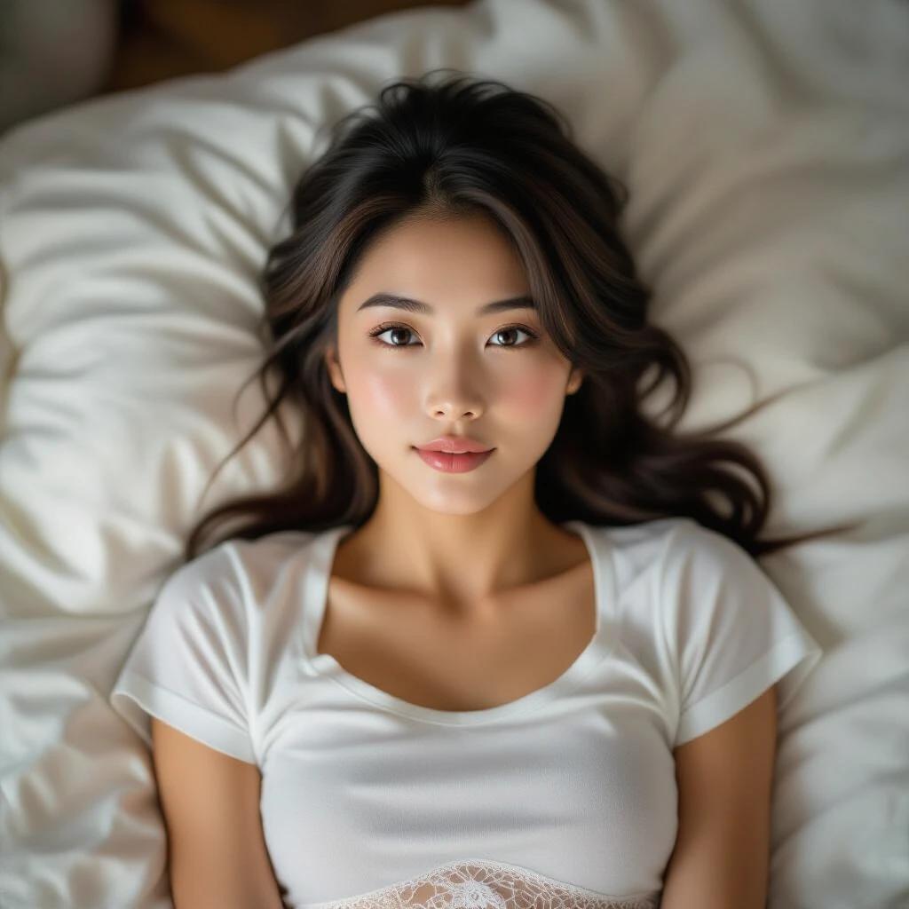 A girl lying on a bed wearing a white t-shirt and lace underwear. She gazes at the camera with a soft expression. The mood is warm and nostalgic, resembling instant film photography with light leaks and vintage tones. Natural lighting creates subtle shadows in a cozy setting.