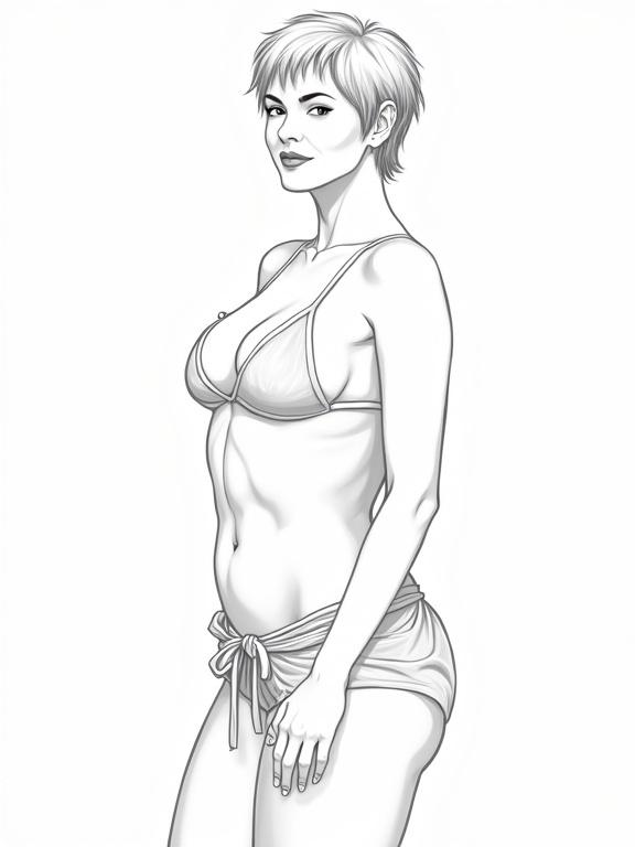 Draw a vector illustration of a mature woman with short hair in a bikini and sarong. Show a side view of her toned body with abs. The image should be in black and white and high definition with outline style surface details.