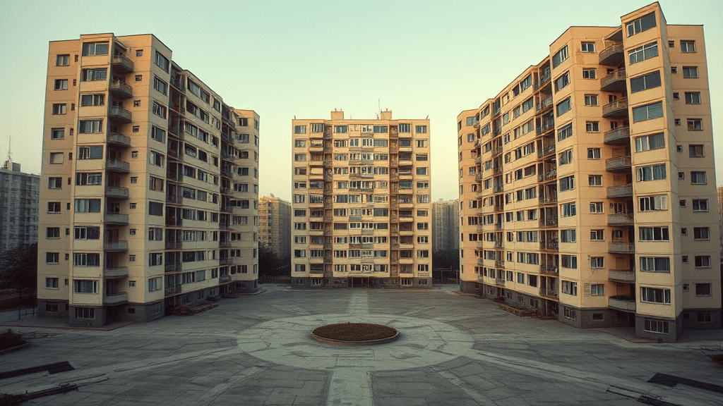 Three symmetrical high-rise apartment buildings surround a central courtyard, captured in the soft light of dawn.