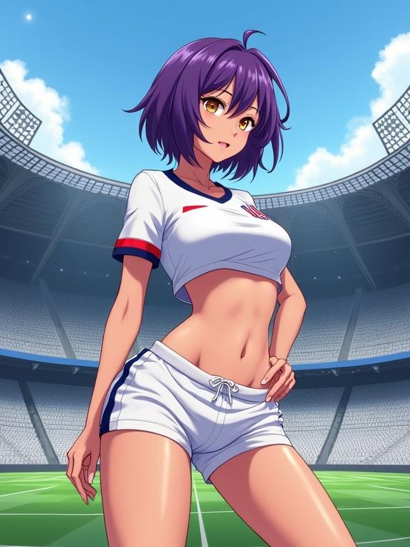 Digital anime illustration of a young female character with short purple hair and golden eyes. She wears a cropped USA soccer jersey and tight white shorts. The character strikes a flirtatious pose at a professional soccer stadium with empty seats and a green pitch. Soft lighting highlights her curves. Cel-shaded and well-defined backgrounds.