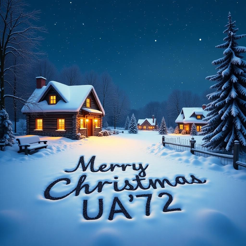 Snowy scene features 'Merry Christmas UA’72' written in snow. Snowflakes fall gently. Night sky in blue with sparkling stars. Warm light illuminates cozy cottages in background. Evokes holiday spirit and creativity.