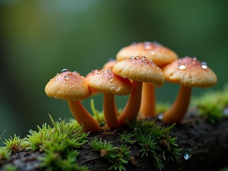 Closeup of a group of mushrooms on mossy dead wood. Covered in morning dew with drops shimmering in the light. Blurry dark green background with dreamy bokeh.