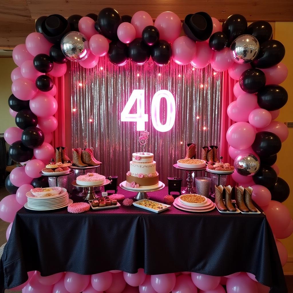 40th Disco Cowgirl Rodeo Birthday Party decor with silver, black, and pink tones. Includes cowboy boots, hats, disco balls, lights, and flowers. Features a food and cake table. Centerpieces and photo booth present.