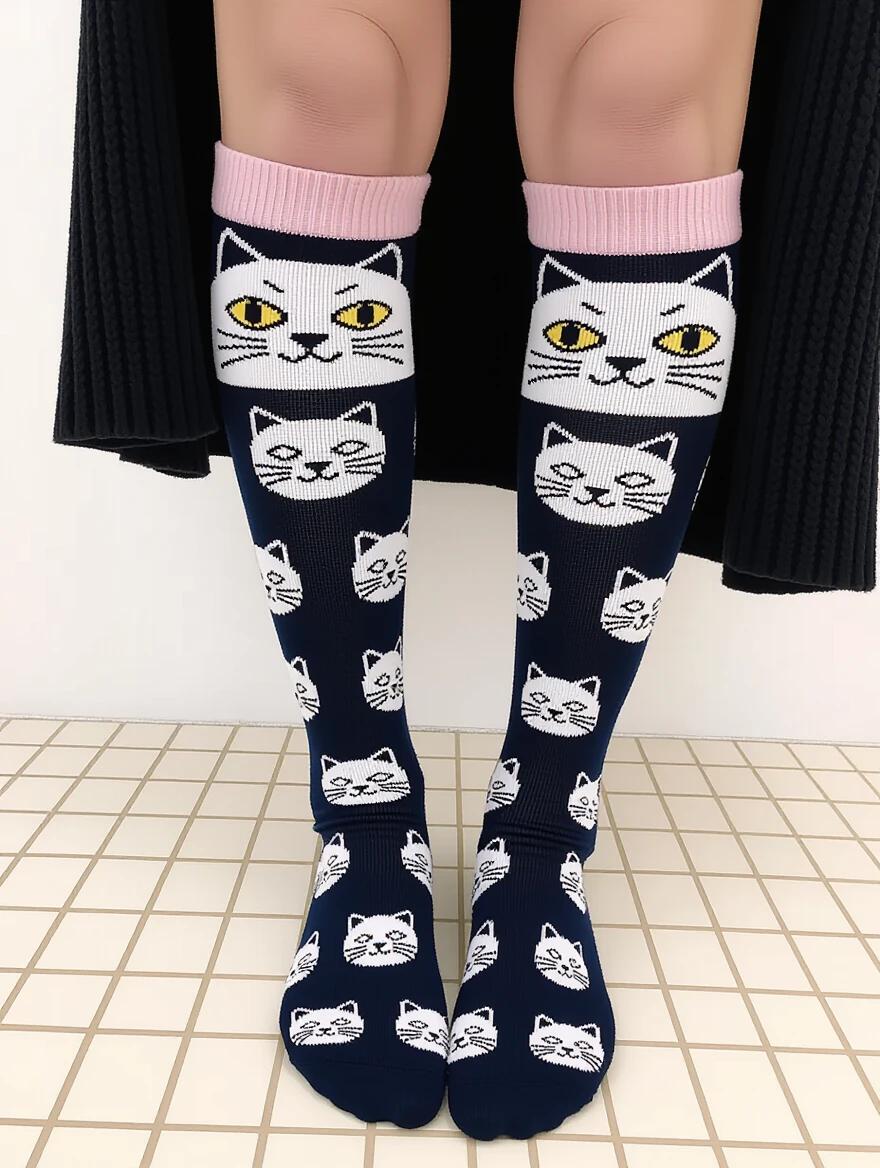 The image features knee-high socks with a white cat face pattern. The socks have a light pink cuff at the top. The model stands barefoot on beige tiled flooring. The background consists of a pure white door frame. The composition has a cute style and emphasizes the details of the socks.