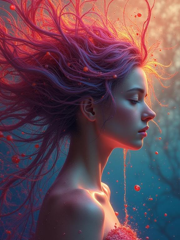 Artistic portrait of a woman with vibrant, flowing hair and surreal background. Features deep colors and intricate details. Rendered in high resolution, inspired by fantasy and animation art styles.