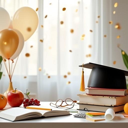 Stylish graduation celebration scene with clean modern table. Table filled with study items like stacked books open notebook scattered pencils and pens glasses sticky notes and paper scroll. Fresh fruits like apples oranges and grapes symbolizing energy. Side features black graduation cap with golden tassel and rolled diploma tied with ribbon. Soft golden confetti floating in air balloons in background. Warm natural lighting with bokeh effects. Minimal academic icons like globe and calculator in background. Clean white and pastel background central empty space for portrait insert.