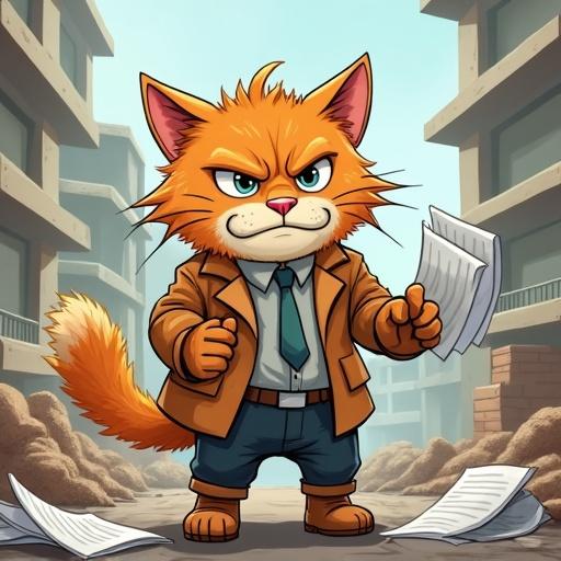Semi-realistic cat character in work attire expressing anger and frustration. Tearing documents with paws. Intense gaze. Tail in motion. Cartoon-style rage at a construction site.