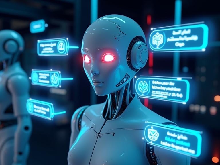 Futuristic AI chatbot connected to intelligent agents. Central chatbot interface speaks in Persian. Surrounded by glowing icons for product ordering, support ticket creation, HR requests and workflow automation. Connected AI agents shown as sleek floating modules. Visual cues of email and SMS icons for result delivery. High-tech modern environment with blue, white, and red tones.