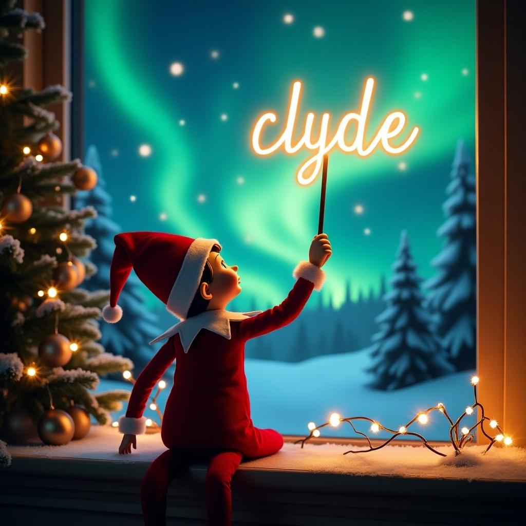 An elf on the shelf stands with back to viewer, writing 'clyde' in glowing script with a magic wand. The elf is dressed in red and white. The background features vibrant northern lights. The scene conveys festive spirit of Christmas with a whimsical twist. The elf's action evokes joy and excitement typical of the holiday season.