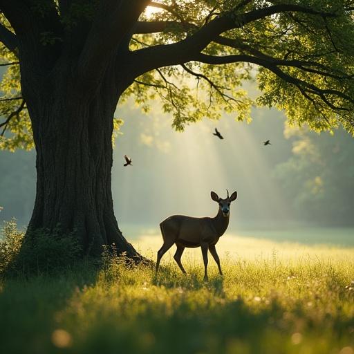 A deer grazes near an ancient tree in a serene forest. Gentle winds rustle the leaves. Birds glide through dappled sunlight. The camera pushes in slowly from a side view with cinematic fluidity. Ultra HD quality video.