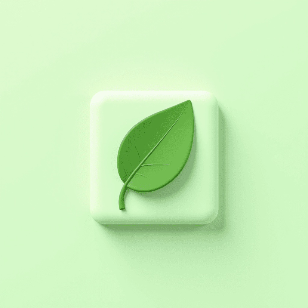 A 3D rendered leaf icon in shades of green on a pastel background.