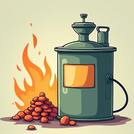 Image features cartoon-style oil filter canister with flames nearby and spilled oil rocks