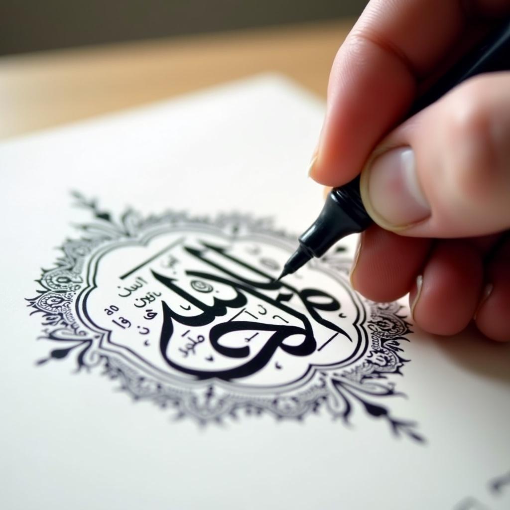 Close-up view of a hand using a pen to write Arabic calligraphy. The ink is bold black on white paper. The hand appears steady and focused on the letters. There are designs surrounding the main calligraphy. Soft lighting enhances the strokes. Alekya is to be written.