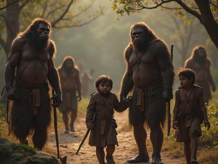 A family of Neanderthals wearing leather clothes is depicted in a natural setting. They hunt for food in soft lighting. The scene portrays a close-knit group including adults and children. The environment features trees and a path, suggesting an outdoor hunting area.