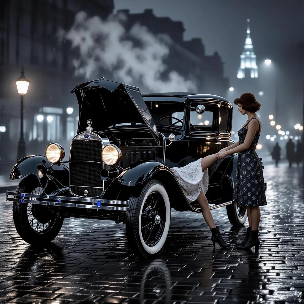 A woman is under a vintage Ford Model A car visible only from the waist down. A second woman stands next to the car assisting her with tools. The car hood is open showing steam and an oil drip on the cobblestones. It is a rainy night. Lanterns flicker in the foggy background of a distant Art Deco city glowing. High detail in textures such as the mud-stained silk and chrome. Scene reflects authentic 1920s humor in a candid press photo style with a shallow depth of field.