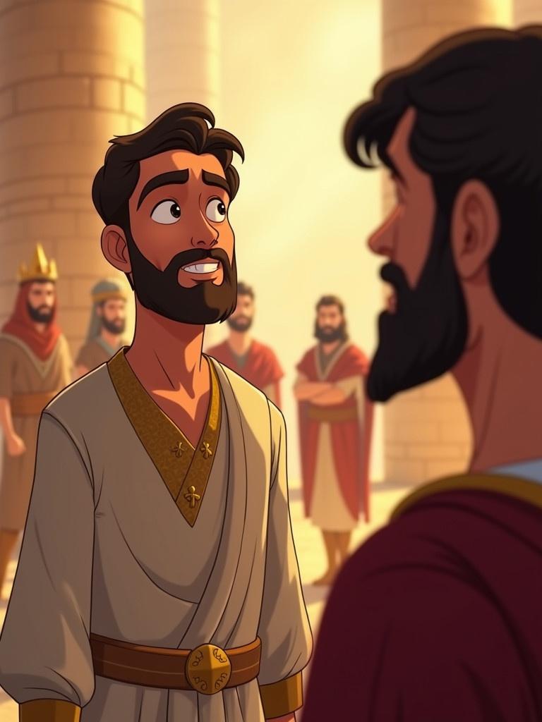 Cartoon illustration of Daniel wearing royal clothing. Show Daniel standing in front of King Darius. Daniel's face shows kindness and wisdom. Background features ancient Babylon architecture with stone pillars. Shot is an establishing long shot. Lighting is soft to enhance a warm atmosphere. Portray Daniel in minimal, not flashy clothing. Background includes other subjects with no facial details.