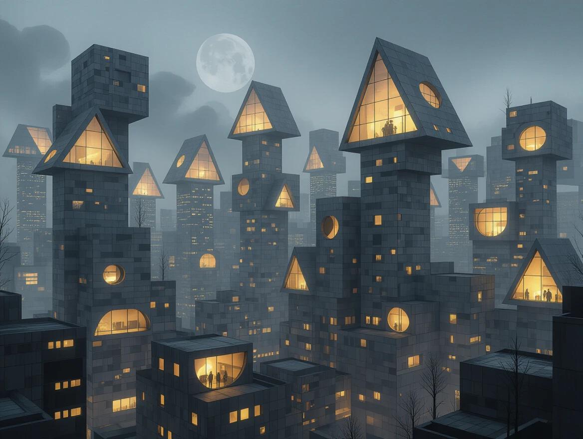 A cityscape reminiscent of a dystopian setting with buildings resembling geometric shapes such as triangles and circles. The structures have textures made of grey cardboard and wood. Tall brutalist buildings form a megalithic apartment complex. Glass panels and gold windows illuminate at night under a full moon. The scene is atmospheric with haze, showing silhouettes in the window.