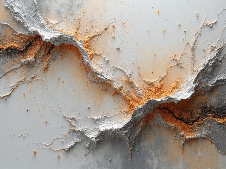 Abstract art piece with intricate textured surface. Thick impasto layers featuring splashes of color and mixed materials. Close up of white, gray and orange textures. Includes layered materials like newspaper and jute fibers. Shows scratches and depth. Digital artwork with visual complexity.