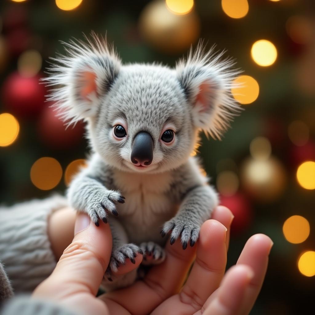 Realistic photo of a tiny baby koala with soft fur and delicate feathers clinging to a one-year-old baby's fingertips. The koala has pale creamish gray fur with gray accents, large curious eyes, and a cute appearance. Background features a warmly lit Christmas scene with blurred lights, and a Christmas tree. The baby's fingers highlight the koala's small size.