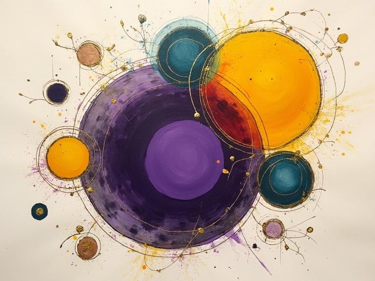 Artwork created with gouache or watercolor on paper showcasing abstract composition. Strong outlined forms are filled with vibrant colors. Deep purple contrasts with bright yellow and orange. Teal, lavender, and pale yellow elements extend outward. Some lines are translucent while others are solid. Metallic sheen from gold leaf highlights is evident.