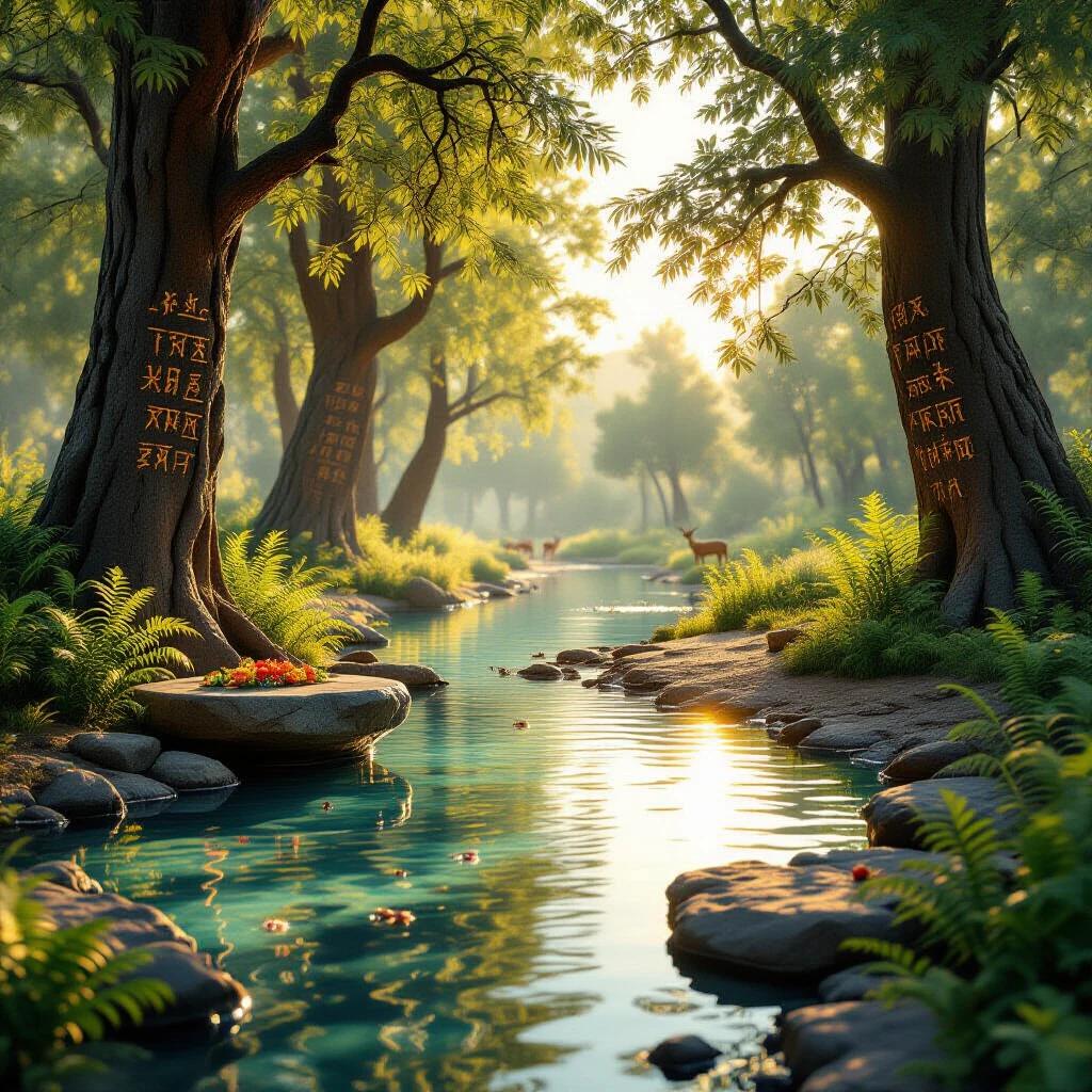 A mystical watering hole deep in the Mesopotamian wilderness at golden hour. Crystal-clear shallow waters reflect ancient cedar trees. Their trunks are carved with cuneiform symbols. A natural stone altar stands partially submerged. The altar is adorned with wilted flower offerings. Lush ferns and wild barley sway in the breeze. Dragonflies hover above the water's surface. In the distance, a faint path disappears into the dense forest where gazelles graze. Ultra-detailed environmental render, soft light filtering through leaves, evokes a sacred atmosphere.
