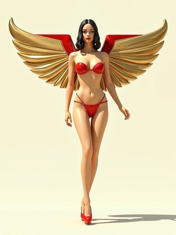 3D model of a woman in a vintage bikini with golden wings. High heels and a streamlined design give a retro-future vibe. The artwork emphasizes jewelry made of gold and onyx. Abstract geometric shapes enhance the overall look. Bright focus with HDR clarity. Background is plain to emphasize the model.