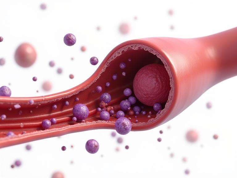 Highly detailed 3D illustration of a blood vessel's cross-section. Cancerous tumor adjacent to the vessel wall. Invasive branches connect the tumor to the vessel. Several purple cancer cells entering the bloodstream. Red blood cells and scattered purple cancer cells inside. Clean white background focusing on anatomical realism and clarity. Scientific style with sharp focus on tumor-vessel transition.