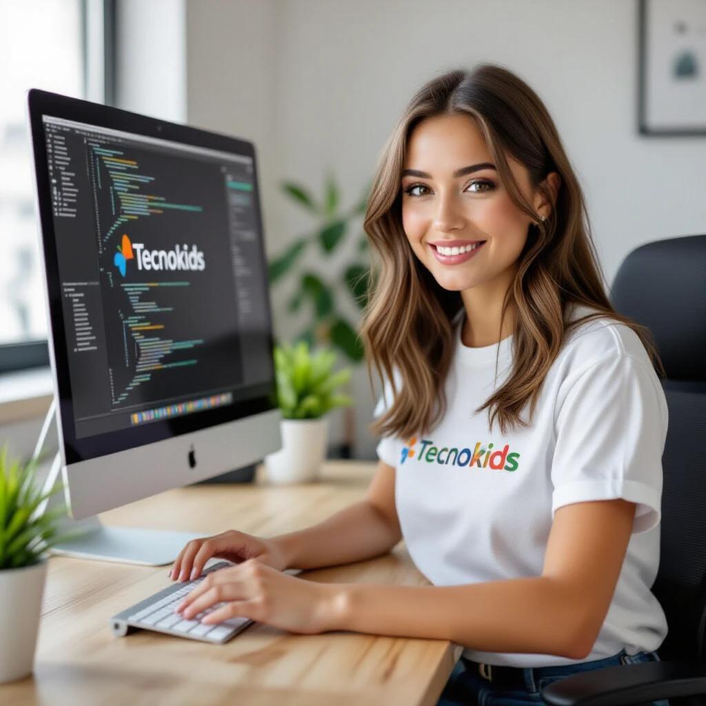 The young brunette has straight hair and uses a computer. She wears a shirt with TecnoKids logo. The workspace appears modern and organized.