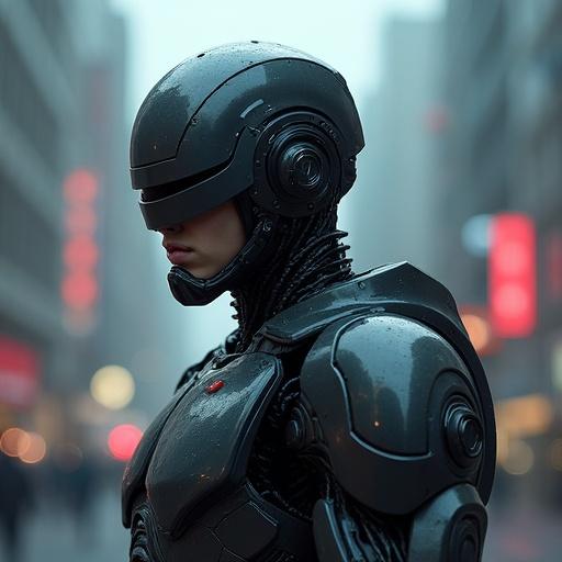 Hyper-realistic image of a full-body RoboCop. Incorporate a face as provided. Background features futuristic city with towering skyscrapers. Bright luminous sign with 'CEMI'. In right hand, RoboCop holds a churro instead of a gun.