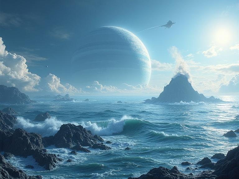 A photorealistic image of an alien planet. This world is covered in deep oceans with realistic waves and reflections. Colossal tidal waves and maelstroms create turbulence. Towering geysers erupt from underwater activity. Rocky islands are visible, weathered by saline winds. A massive gas giant looms above, casting reflections on the ocean. Atmospheric clouds display layering and light diffusion. Water textures show ripples and foam. Moons orbit in the distance. Cinematic framing in ultra-high resolution with true-to-physics lighting.