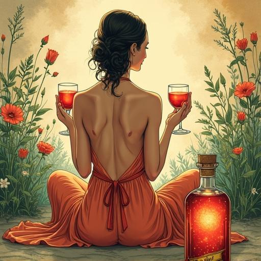 Vibrant ink and watercolor illustration. Stylized advertisement for a speakeasy. Topless Venus goddess enjoys meditation. Surrounded by wildflowers and herbs. Back view wearing a flowing silk dress. Toasting with glasses of red herbal liqueur. Ambiance of relaxation. Serene setting with lush plants. Foreground features apothecary-style spirit bottle. Bright reddish liqueur glowing in golden light, tag labeled 'ALFRUNO'. Illustration with earthy tones, whimsical style, bold lines, textured brushstrokes. Mood is mysterious and elegant.