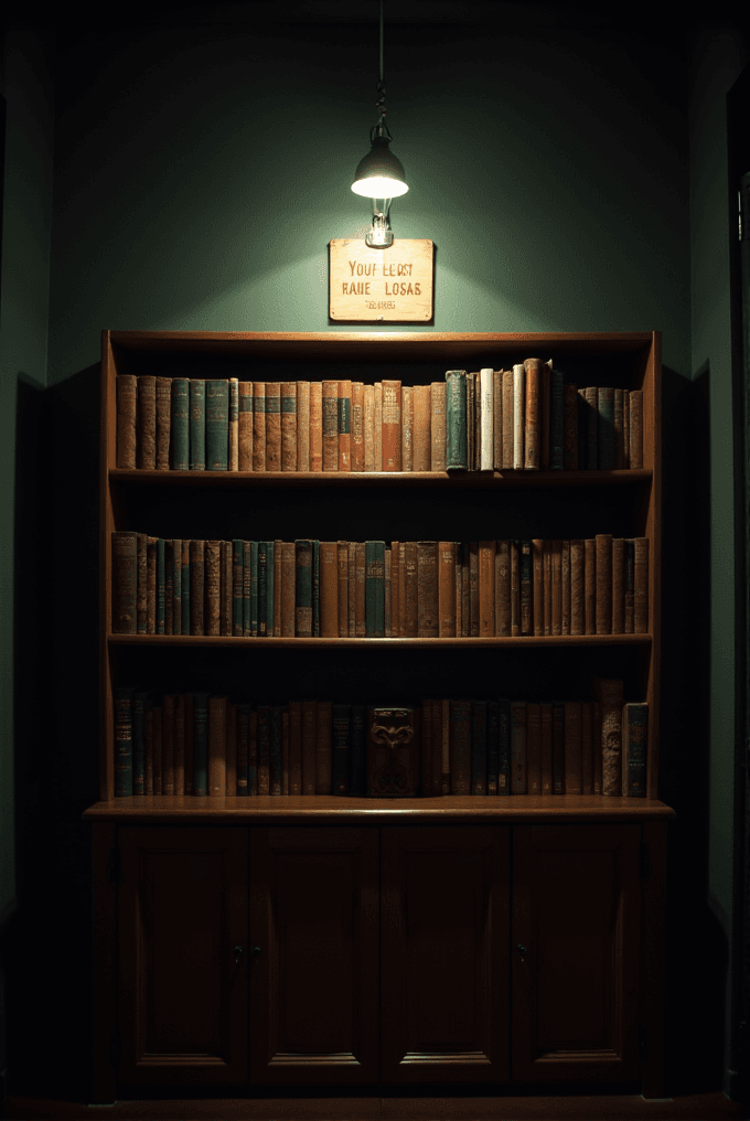 A warmly lit bookshelf filled with old books and a small light overhead.