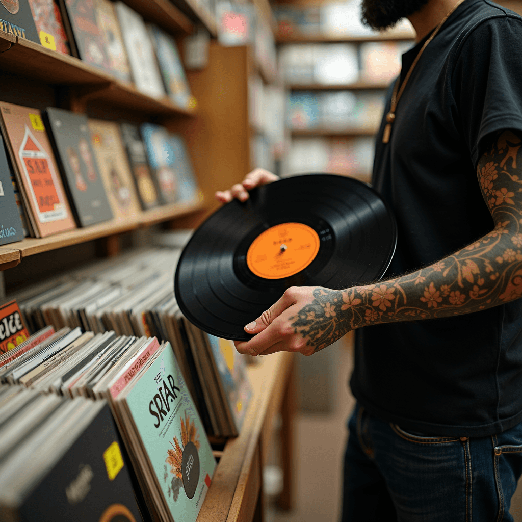 A tattooed individual in a record store holds a vinyl record with orange labeling, surrounded by shelves filled with records and album covers.