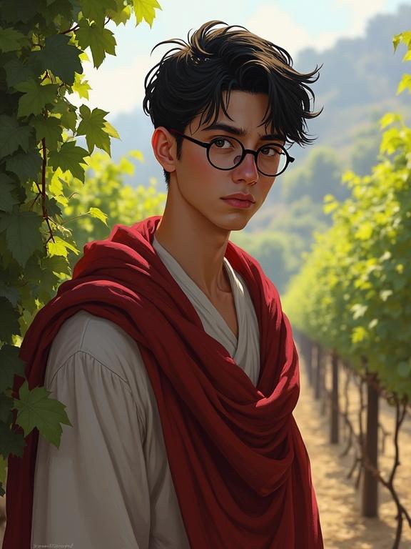 A young timid man early 20s wearing round glasses and robes in a vineyard. He looks worried and pensive. The setting is outdoors surrounded by vines.