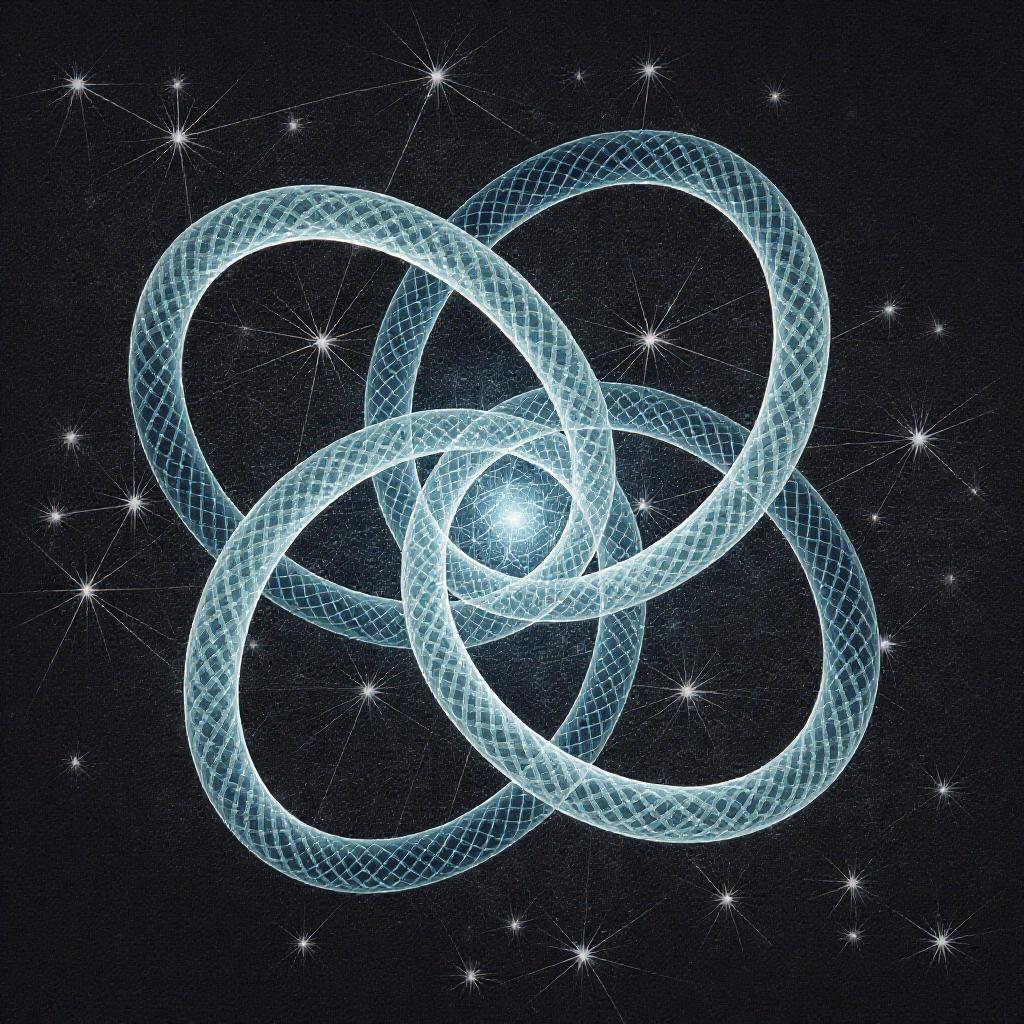 Abstract design resembling recursive torsion in loops. Central blue light influences surrounding forms. Background is dark. Complex patterns convey reorganization.