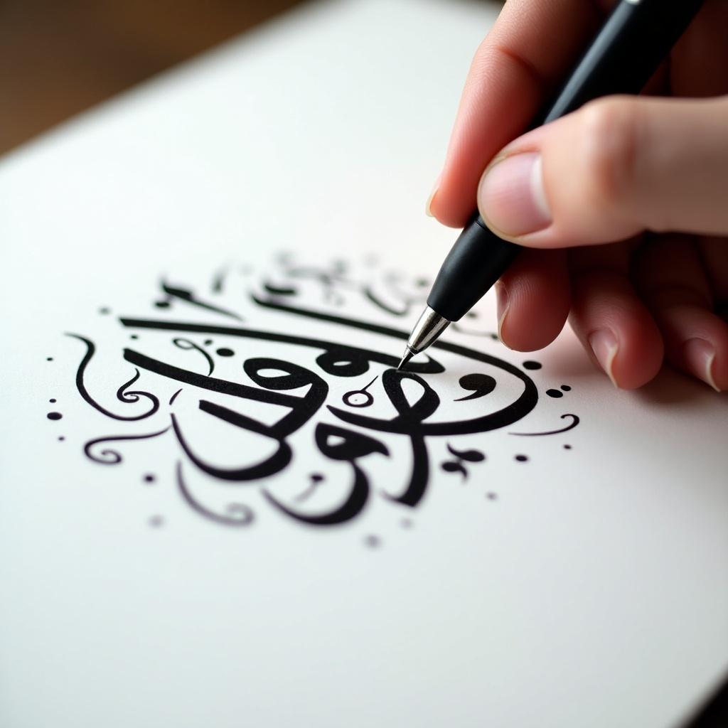 Close-up view of hand using pen to write Arabic calligraphy. Bold black ink on white paper. Hand is steady and focused on letters. Designs surround the main calligraphy. Soft lighting enhances the strokes.