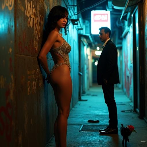 In a dimly lit alley, a ladyboy in a sequined bodysuit rehearses dance moves. She leans against a dumpster, facing a man in a suit who holds wilted roses. Tension thickens as street performers play nearby, and tourists pass by. A stray cat observes, adding to the scene's intrigue.