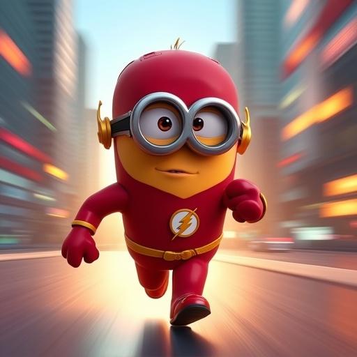 3D animated minion dressed as The Flash. Character in red suit with lightning bolt emblem. Shows motion blur indicating super speed. Running through futuristic city in cartoon style.