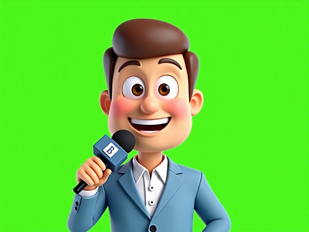 The image features a cartoon-like character resembling a news reporter. The character has a large head and a friendly smile, wearing a light blue suit with a white shirt. They are holding a microphone with a logo on it, ready to deliver news. The background is bright green, suggesting it could be used for a news broadcast or to be superimposed with different visuals. The character's design has a playful and animated appearance, making it suitable for a lighthearted news presentation.