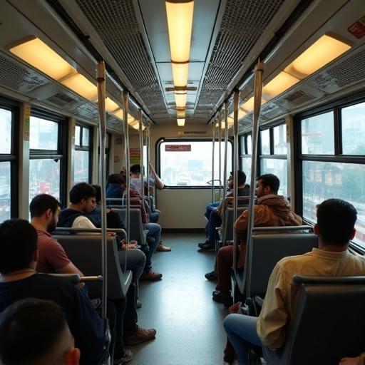 Interior view of a Pakistan metro bus showing passengers. Some passengers are seated while others are standing. Natural daylight illuminates the bus.