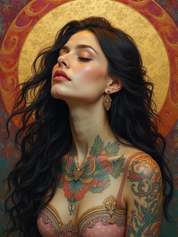 Serene portrait of a beautiful woman with long flowing hair. Adorned with intricate tattoos. Eyes closed with a peaceful expression. Background features swirling colors of gold crimson and violet. Reminiscent of Pre-Raphaelite and Art Nouveau styles.