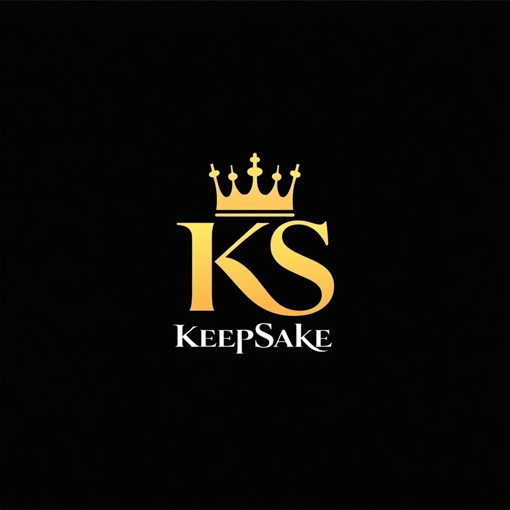 The image features a sleek, elegant design comprising the letters 'KS' in a bold golden font, crowned at the top with a regal crown. Below the KS, the word 'KeepSake' is presented in a more understated font, providing contrast. The background is solid black, emphasizing the richness of the golden elements. This logo suggests luxury and sophistication, making it suitable for high-end brands or events. The overall composition creates a strong, memorable visual identity.