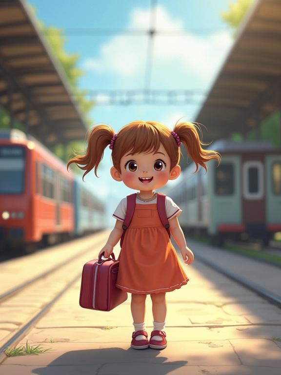 A cute little girl holds a school bag at a train station on a sunny day. Illustrative style gives it a cheerful vibe. The backdrop includes trains and a bright atmosphere.