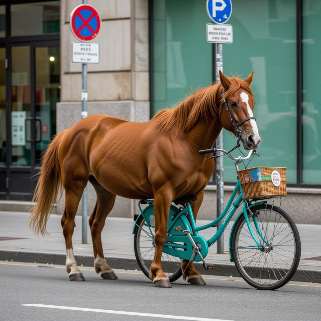 A horse standing on a turquoise bicycle on a city street. The scene captures a humorous and unusual juxtaposition of the horse and the bicycle.